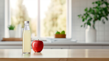bottle with apple drink and apples on a wooden table in a bright kitchen. 