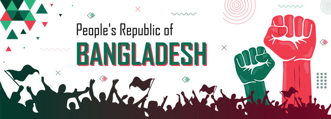 People cheer for Bangladesh, nation flag color combination patriot banner, geometric abstract background, raised fist, human hand, national celebration, strike, parade, riot, protest or rally