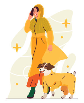 Woman with dog in rain. Young girl in yellow raincoat walk at street with pet. Owner and domestic animal in city park in rainy weather. Fall and autumn season. Cartoon flat vector illustration