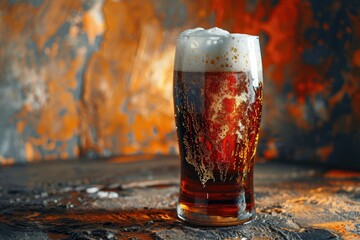 A beer glass with a lot of foamed up foam dark background
