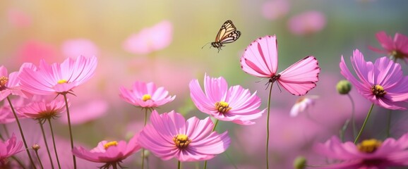 Beautiful pink flower Cosmos bipinnatus and butterfly on natural green-yellow background