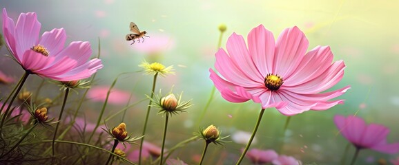 Beautiful pink flower Cosmos bipinnatus and butterfly on natural green-yellow background