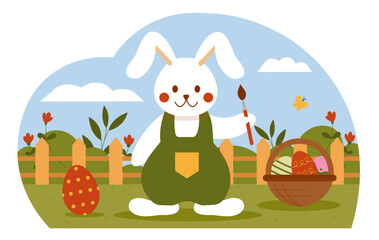 Rabbit with Easter eggs concept. Bunny farmer with colorful eggs in basket. Spring traditional religious holiday and festival. Cartoon flat vector illustration isolated on white background