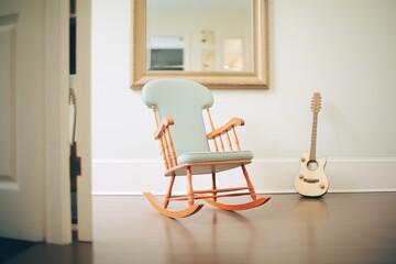 a mirror reflecting an empty rocking chair moving by itself