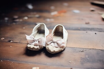 aged ballet slippers on a dusty wooden floor backstage - obrazy, fototapety, plakaty