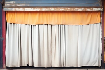 frayed, heavy stage curtains hanging from a rusted rail