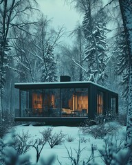A modern cabin in a wintery forest