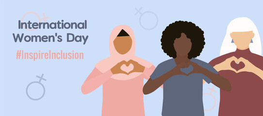 Campaign 2024 #inspireinclusion. Conceptual celebration of International Women's Day. March 8. Card, template with heart shaped fingers
