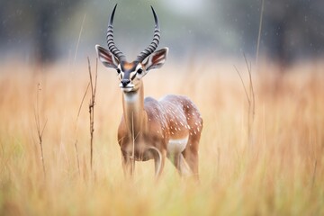 rain-soaked impala shaking off water in wet grass
