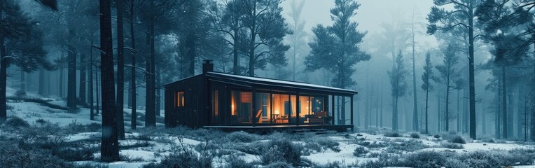 A modern cabin in a wintery forest