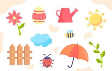 Spring elements set. Red watering can and umbrella. Bee and ladybug, pink flower and sun. Gardening and horticulture, agriculture. Cartoon flat vector collection isolated on white background