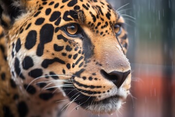 close-up of the eyes and face of a jaguar at dusk