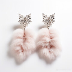 jewelry: women's earrings in white gold with precious stones and natural fur of pink light color on a white background. 
