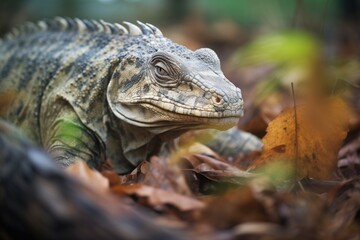 Fototapeta premium komodo camouflaged in foliage with prey in grasp