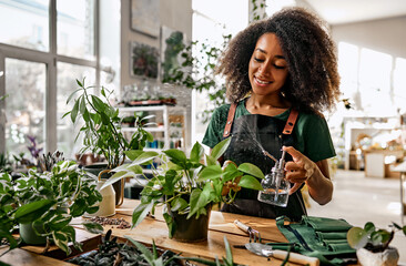 Beautiful african american woman florist small business owner in a shop sprays the leaves of a flowerpot with a sprayer, drops of water moisten the plant. Caring for indoor plants. - obrazy, fototapety, plakaty
