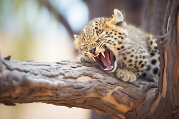 leopard yawning on a tree with mouth wide open