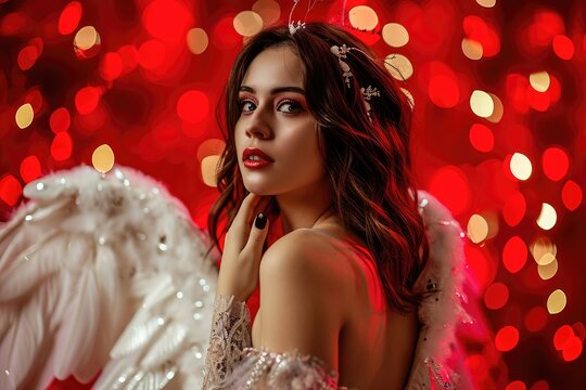 Samba Seraph: A Brazilian Woman in an Angel Cupid Costume, Radiating Elegance and Glamour Against a Red Sparkle Background - a Festive Celebration of Culture.