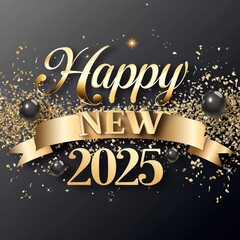 2025 happy new year, golden & black, isolated dark background, confeti, celebration, banner, generative ai