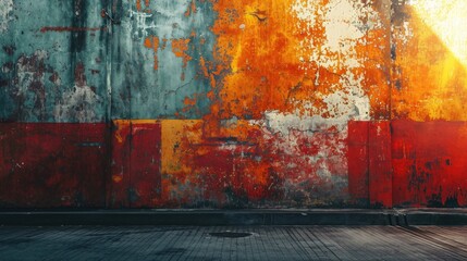 Grunge concrete wall with red and orange paint, industrial background