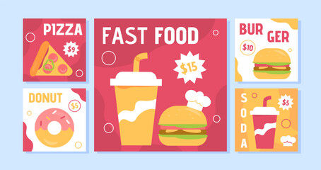 Fast food posters set. Takeaway eating, menu of cafe or catering. Hamburger with cup of soda. Slice of pizza and donut, burger. Cartoon flat vector collection isolated on blue background