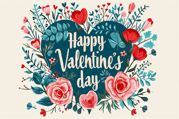 Poster of greeting card with illustrated blue heart and red flowers on light background and text Happy Valentine's day. Copy space