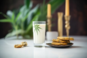 glass of cannabis-infused milk beside a stack of cookies - Powered by Adobe