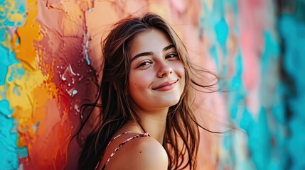 Banner with smiling young brunette woman on colorful background