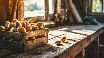 Potatoes in crate on rustic table.