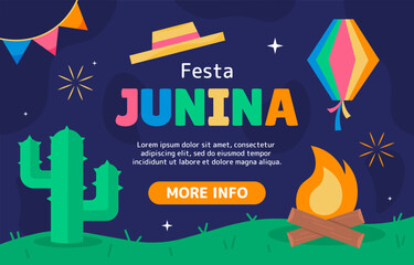 Festa Junina poster. Cactus near bonfire, colorful kite and sombrero. Landing page design. Traditional latino holiday and festival. Party and event. Cartoon flat vector illustration