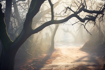 tree branches casting eerie shadows on a foggy path