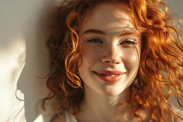 Fototapeta premium A young redhead woman against a bright background
