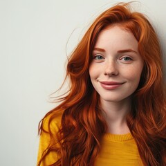Fototapeta premium A young redhead woman against a bright background