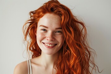 A young redhead woman against a bright background