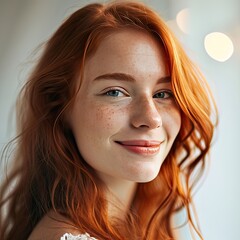 A young redhead woman against a bright background