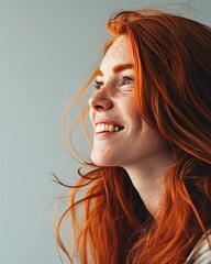Banner with smiling young redhead woman on light background - obrazy, fototapety, plakaty