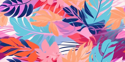 vibrant colored tropical leaves seamless pattern - obrazy, fototapety, plakaty
