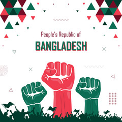 People cheer for Bangladesh, nation flag color combination patriot banner, geometric abstract background, raised fist, human hand, national celebration, strike, parade, riot, protest or rally