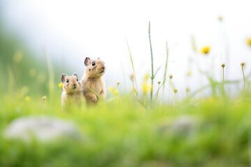 two pikas in meadow, one calling