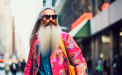 Stylish Urban Wanderer: Trendy 50-Year-Old with Long White Beard Strolling Fifth Avenue, NYC