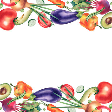 Watercolor frames with vegetables. Hand-painted food items: eggplant, onion, pepper, beetroot, avocado, tomatoes. A horizontal composition for the design of postcards, banners and festive decor.