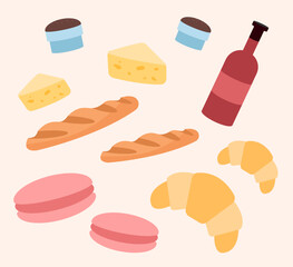 French cuisine set. Traditional french products. Baguette and wine, cheese and sausage. Ingredients for cafe and restaurant in France. Cartoon flat vector collection isolated on beige background