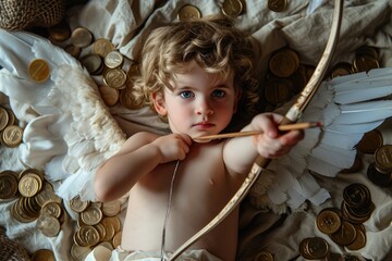 The Cost of Love: A satirical depiction of Cupid encircled by coins, humorously critiquing the capitalist and consumerist nature of Valentine's Day, the toxicity in relationships driven by money - obrazy, fototapety, plakaty