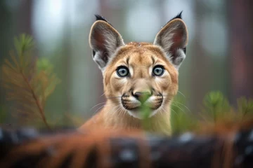Foto op Canvas puma with intense gaze in dense pine forest © stickerside