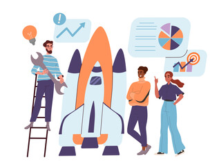 Future business plans. People with start up and project. Men and women near rocket with graphs and diagrams. Collaboration and cooperation. Colleagues and partners. Cartoon flat vector illustration