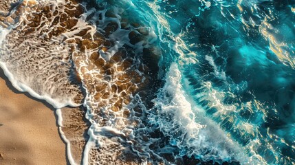 View from above on beach with a blue wave