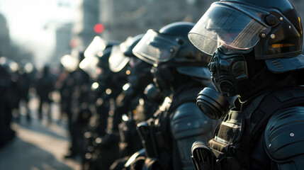 Riot police in formation on city street. - obrazy, fototapety, plakaty
