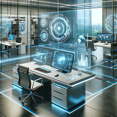Futuristisches Büroarbeitsumfeld mit Holographischer Technologie - obrazy, fototapety, plakaty