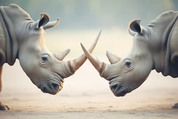 Poster two rhinos locking horns in mild confrontation © stickerside