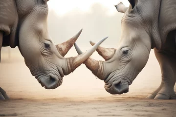 Zelfklevend Fotobehang two rhinos locking horns in mild confrontation © stickerside