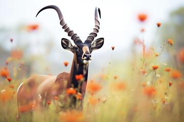 sable antelope standing amidst blooming wildflowers